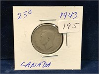 1943 Canadian silver twenty five cent piece