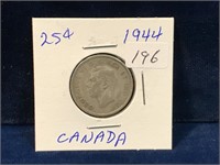 1944 Canadian silver twenty five cent piece