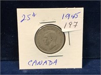 1945 Canadian silver twenty five cent piece