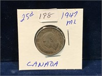 1947 ML Canadian silver twenty five cent piece