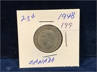 1948 Canadian silver twenty five cent piece