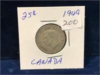 1949 Canadian silver twenty five cent piece