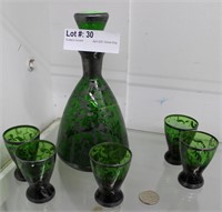 Green glass decanter with silver overlay w/ 5