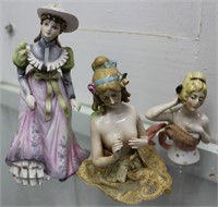 Lefton lady figure, & two porcelain pin cushion