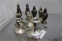 2 sets sterling Candlesticks & 5 S/p Shakers