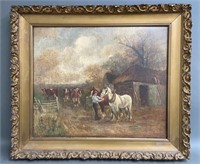 Early Oil Canvas Farm Signed Lower Right