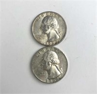 (2) 1964 Silver Washington Quarters AU+