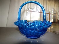 Blue Ruffled Glass Bowl. 9" T