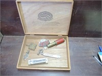 WOOD CIGAR BOX W/ ITEMS