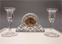 WATERFORD CRYSTAL CASED CLOCK AND CANDLESTICKS
