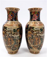 PAIR EARLY HAND PAINTED JAPANESE POTTERY VASES