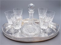WATERFORD CRYSTAL WINE SERVICE & SILVER PLATE TRAY