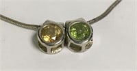 Italian Sterling Necklace, Green + Yellow Stones