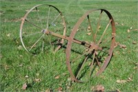 Antique goat cart axle w/ 30" dia. iron wheels