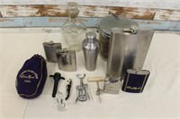 Bartenders Lot of Flasks, Barware, & Decanters