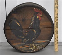 Wood round cheese box, rooster motif - info
