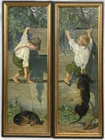 Pair of J. Neilson Paintings of Boy Poking Dog.