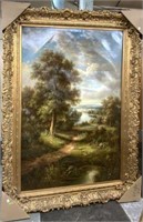 Massive Ornate Painting of Trees, Pond & Sky.