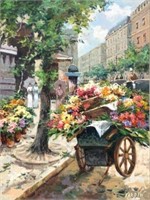 Large Painting of Flower Seller's Cart in Street.
