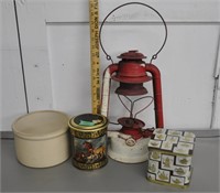 Crock, tins, lantern