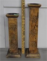 2 wood candle pillar holders