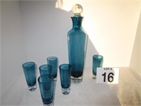 Blue China & Crystal Whiskey Decanter & 6 Glasses
