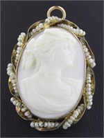 10kt Gold Antique Cameo-Seed Pearl Brooch