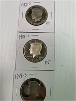 1982-S, 1988-S, 1989-S Proof Kennedy Halves x3