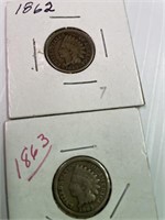 1862, 1863 Indian Head Cents Better Dates x2
