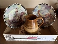 2 Rooster dinner plates w/ stand & ceramic pitcher