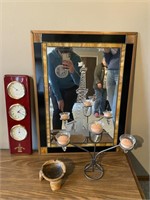 Candle holder, wooden dish, mirror + more