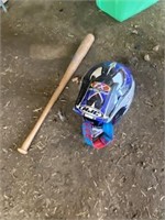 Baseball bat, skiidoo helmet & goggles