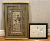 Chinese Embroidered Tapestry & Sumi-E Painting