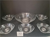Set of etched Heisey berry bowls with master
