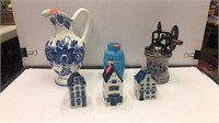 3 Blue Delft Ware Houses, Coffee Grinder,