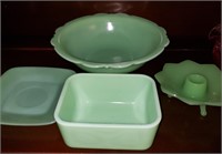 Jadeite lot w footed candleholdr, Mckee bowl,