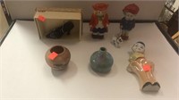 6 pc lot of old figurines/ shaker/ wall pocket.
