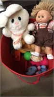 Tote of stuffed animals, doll & toys.