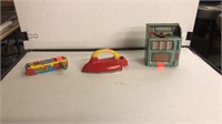 3 Vintage Toys - Jukebox Music Box, Iron, and