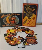2 tin halloween signs & wooden wreath