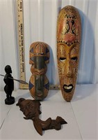 2 masks, African carving, etc