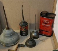 Box - oil cans, Stanley's crow repellent, etc
