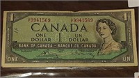 CANADIAN 1954 $1.00 NOTE U/F9941569