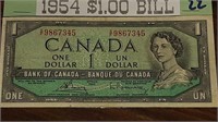 CANADIAN 1954 $1.00 NOTE S/F9867345