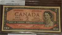 CANADIAN 1954 $2.00 NOTE U/G9009449