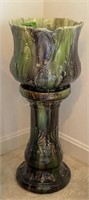 Green Majolica Jardiniere With Stand. 23" Tall,