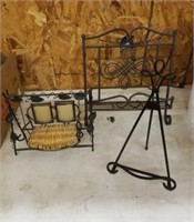 2 BOOK STANDS, WROUGHT IRON DOLL BENCH
