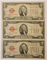 (3) U.S. 1928-D $2 Red Seal Notes