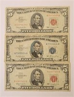 (2) $5 Red Seal Notes & (1) $5 Silver Certificate