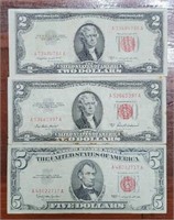 (2) U.S. $2 Red Seal Notes & (1) $5 Red Seal Note